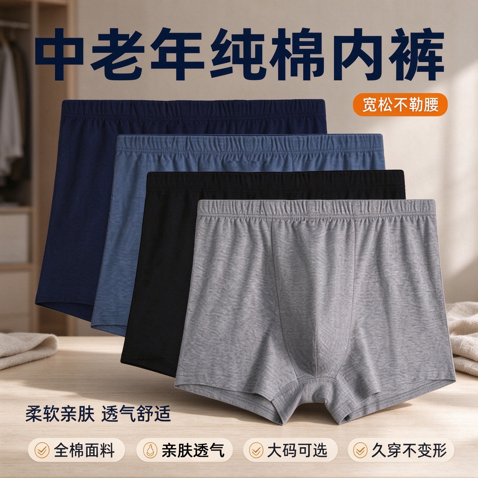 男士中老年纯棉内裤透气舒适平角裤头大码全棉爸爸四角裤衩短裤男