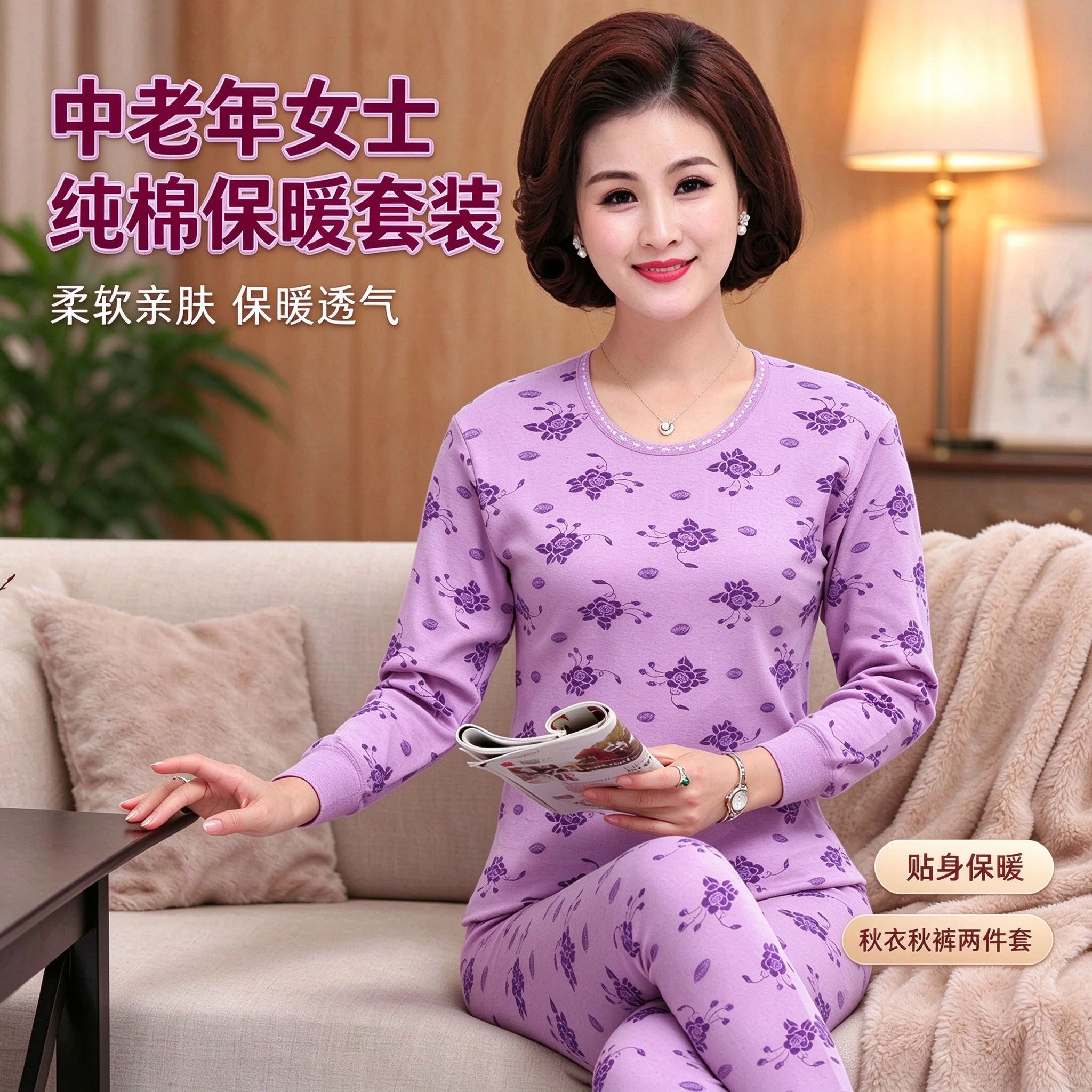 中老年秋衣秋裤女士纯棉保暖内衣套装妈妈大码装印花薄款棉毛衫女