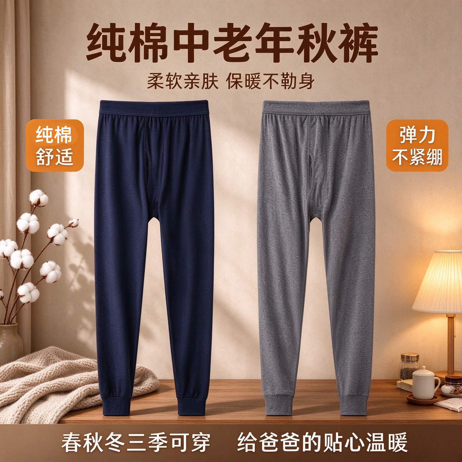 纯棉男士秋裤防寒保暖裤修身大码秋冬内穿爸爸打底衬裤线裤中老年