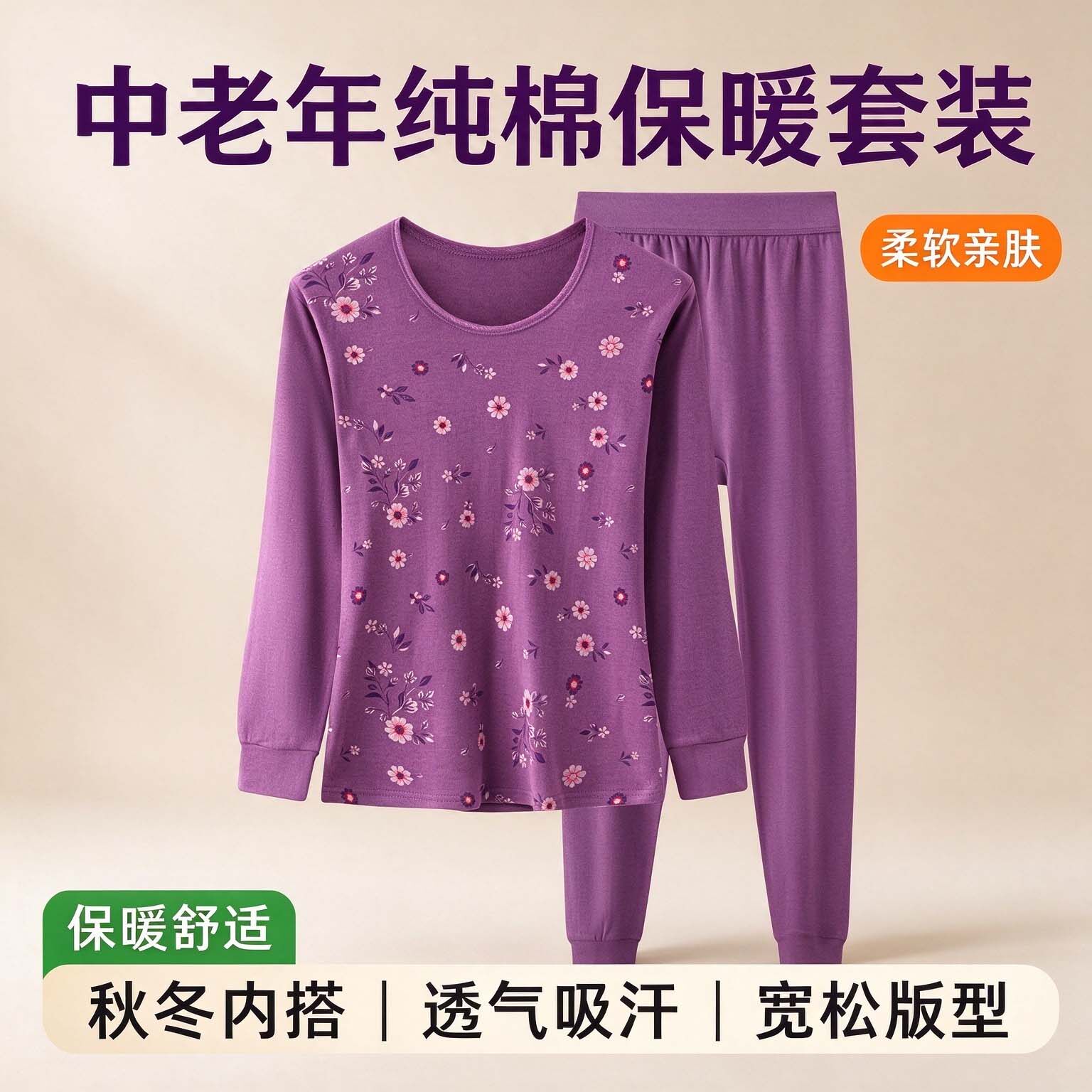 中老年女士纯棉保暖套装长袖印花秋衣秋裤妈妈装宽松防寒女款