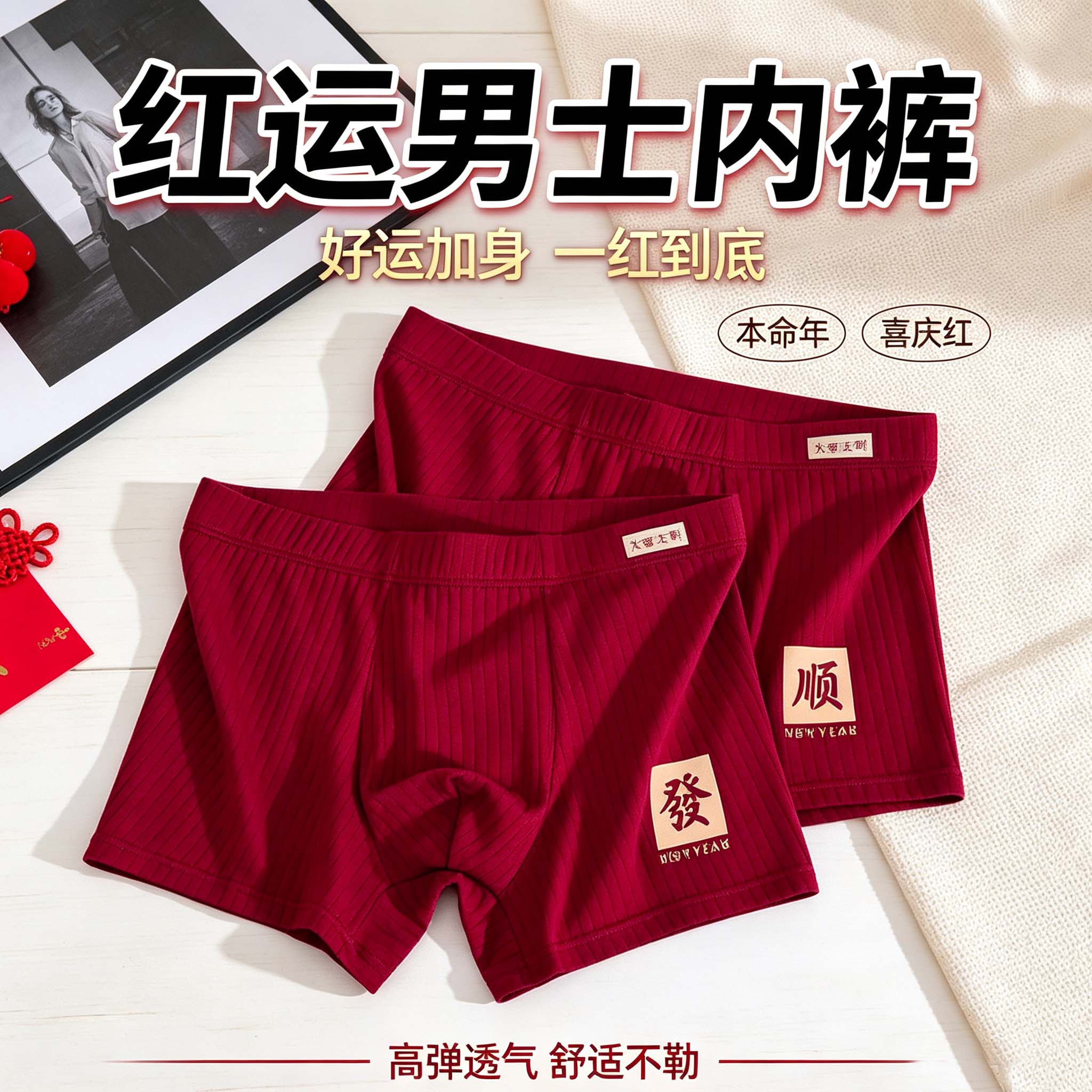 本命年红色内裤男士四角裤衩透气舒适平角裤头好运新年休闲短裤男