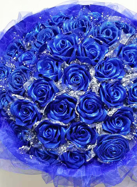 蓝色妖姬手工材料包diy自制玫瑰花缎带丝带花束包装情人节 仿真花