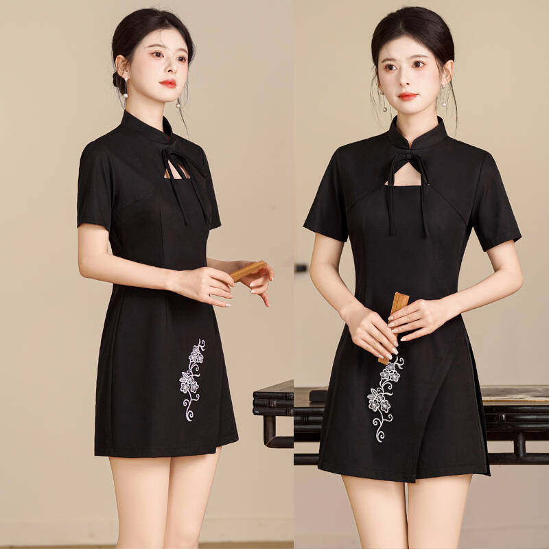 黑色改良旗袍工服女刺绣立领短袖收腰套装裙2026足疗spa技师制服