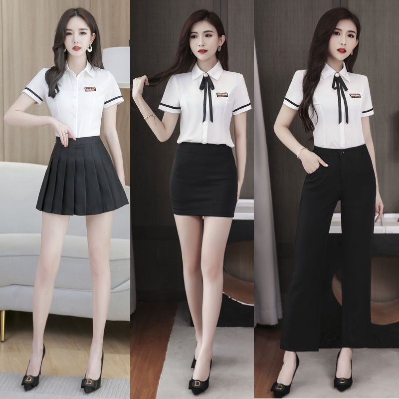 足疗工作服女2021新款显瘦性感时尚气质衬衫百褶裙长裤套装技师服