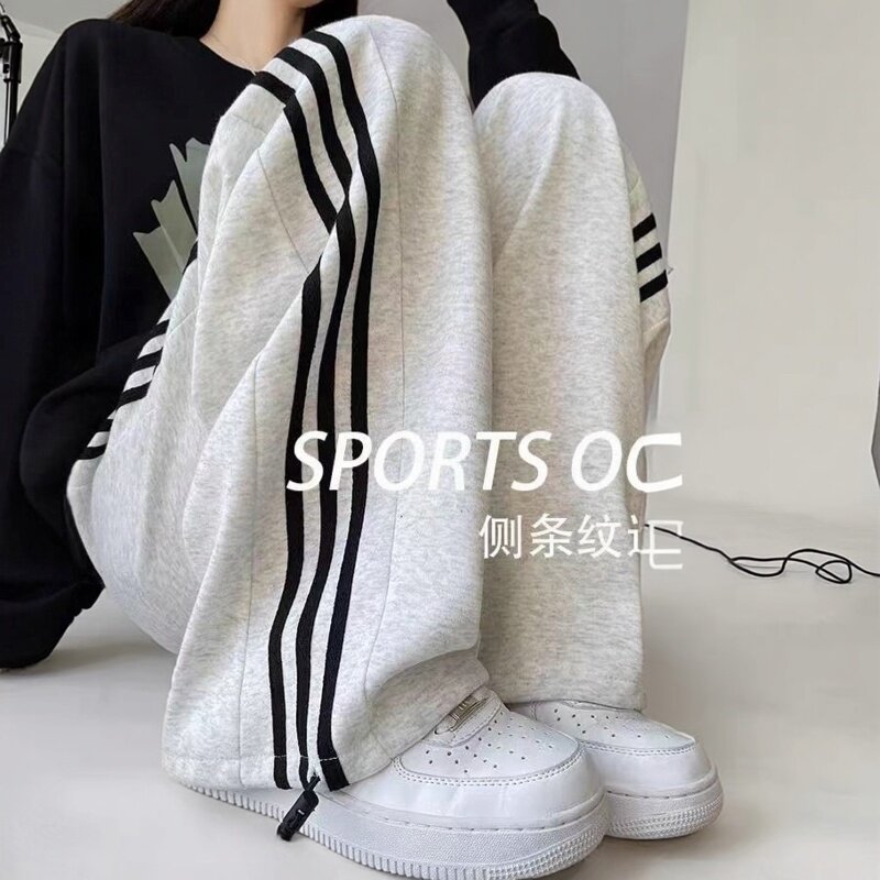 白灰色运动裤女秋直筒阔腿裤条纹休闲裤