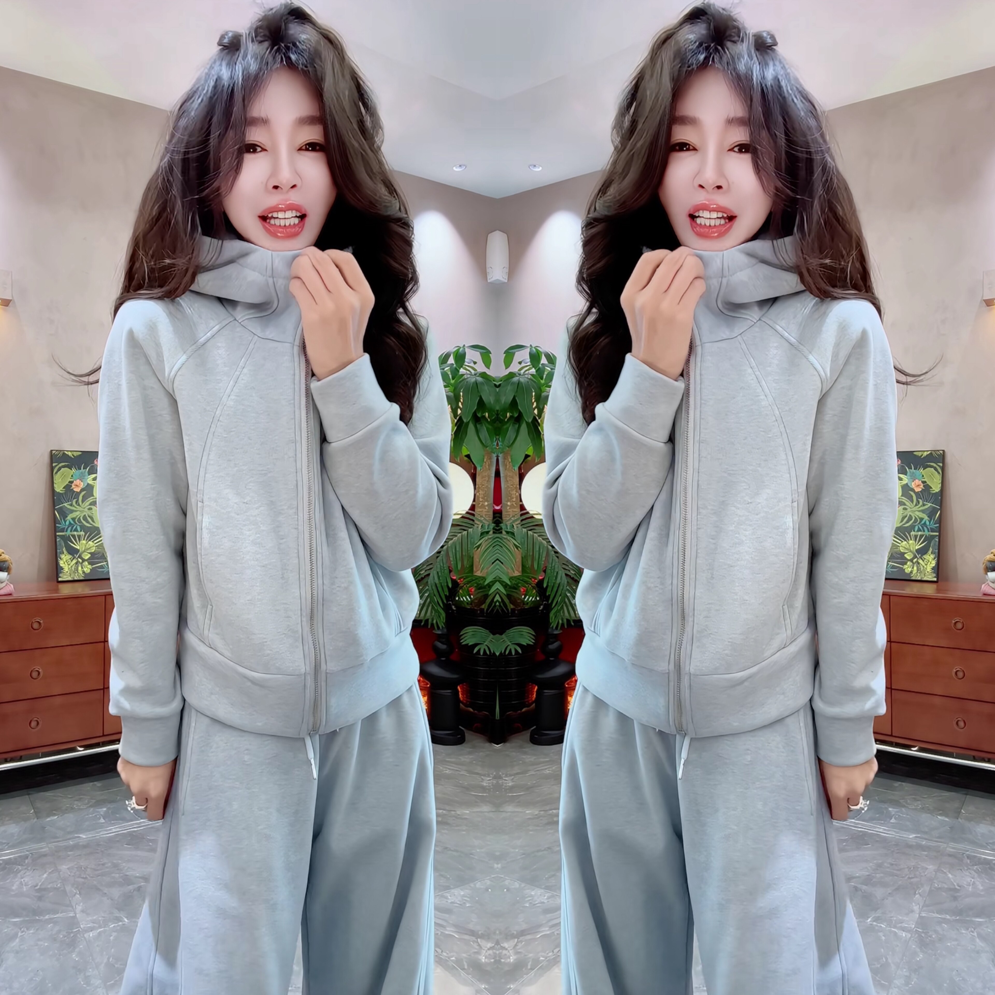 拉链棉马甲休闲连帽卫衣阔腿裤女