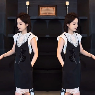 高级感洋气蕾丝亮片吊带连衣裙女2026夏季新款黑白撞色两件套装潮