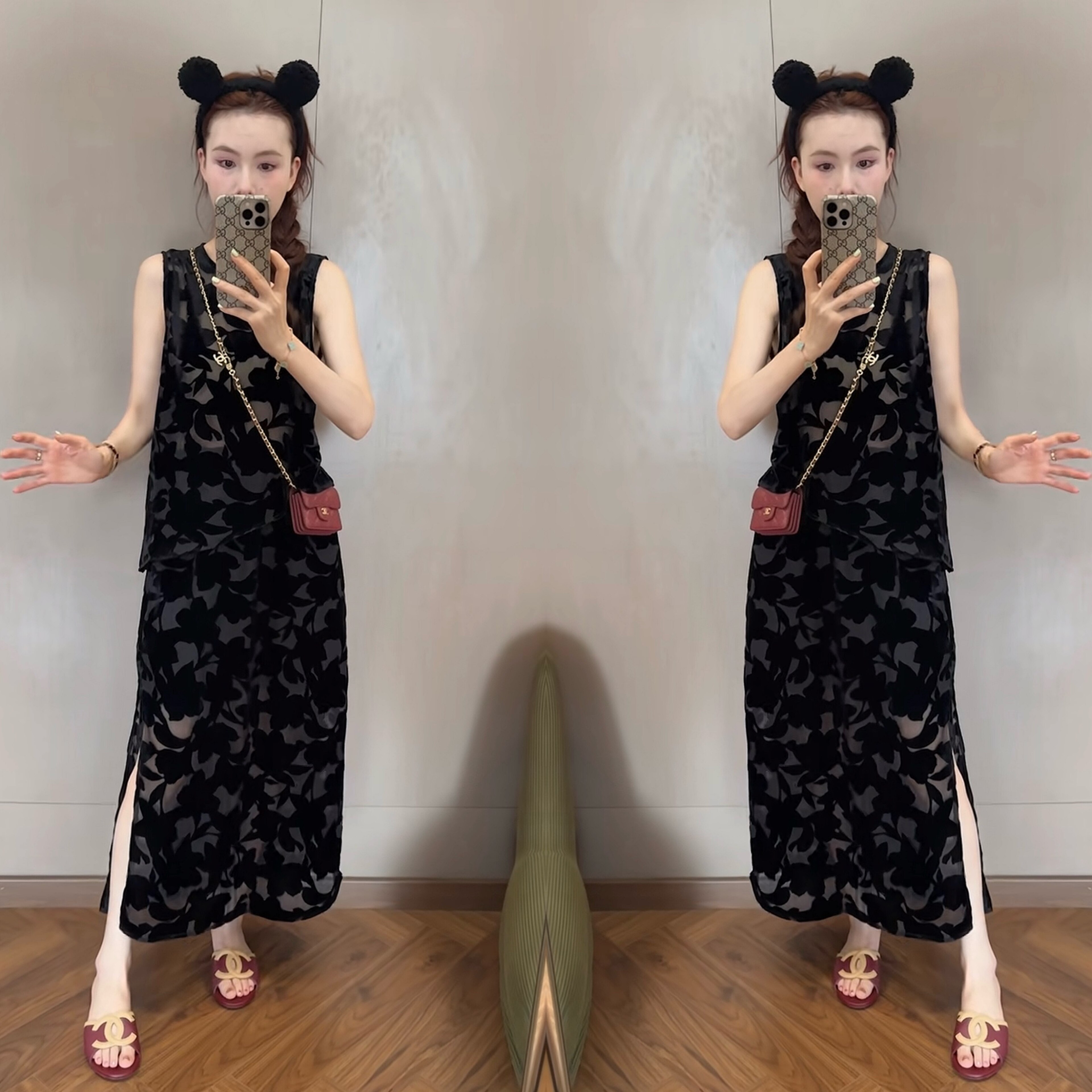 韩版黑色无袖背心开叉半身裙套装