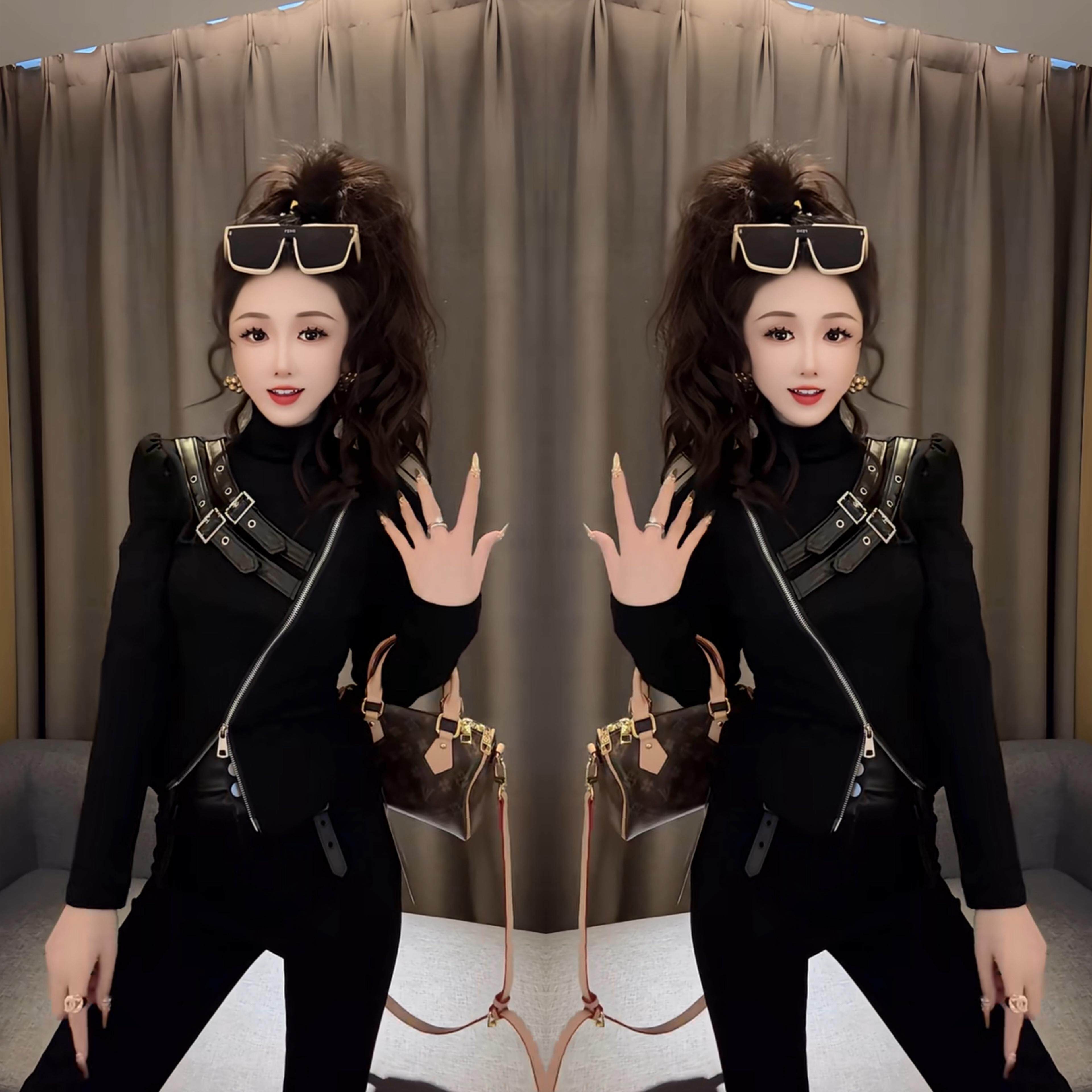 欧货爆款时尚T恤女2024年冬季新款洋气高领拉链拼皮修身显瘦小衫