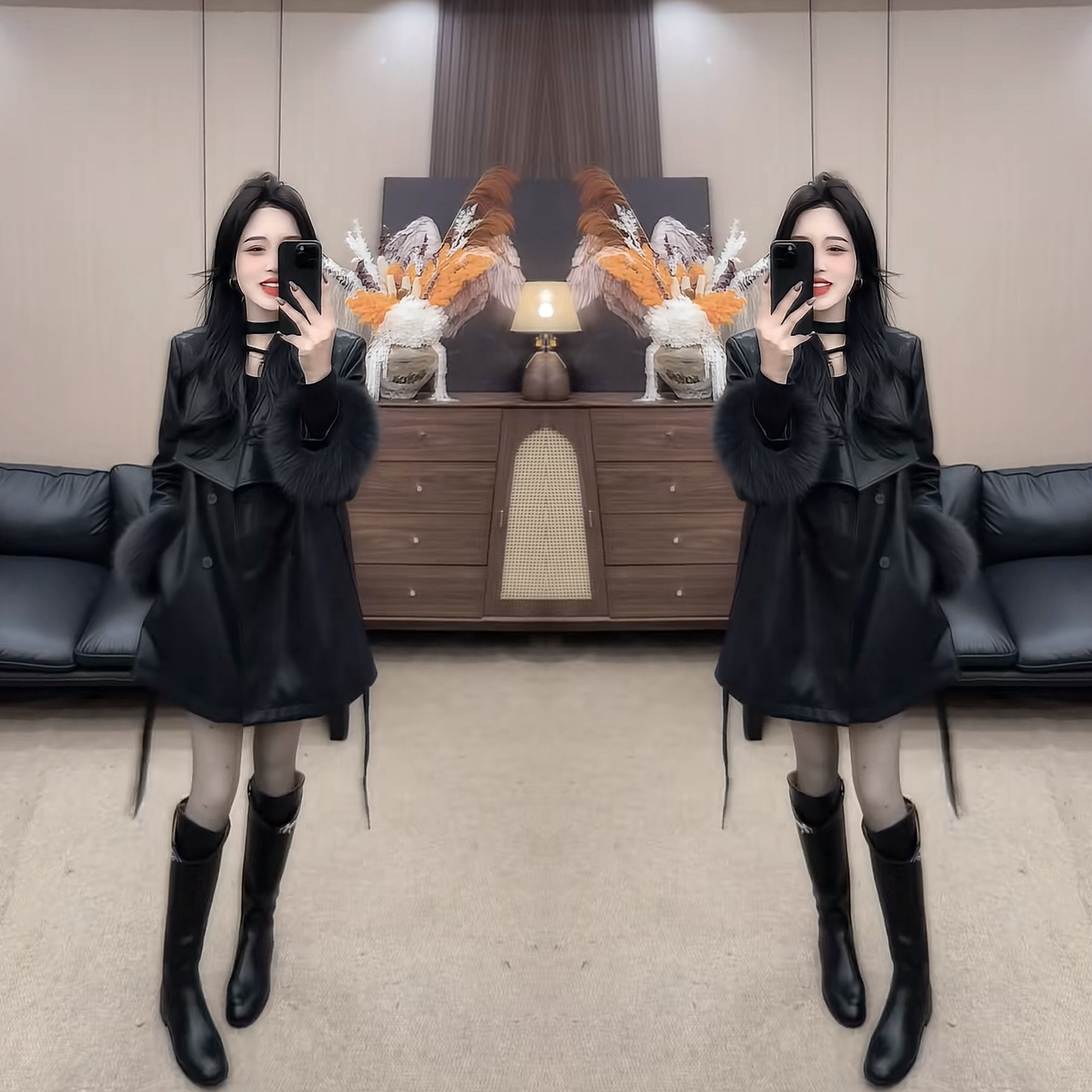 毛毛袖口系带显瘦中长皮衣款套