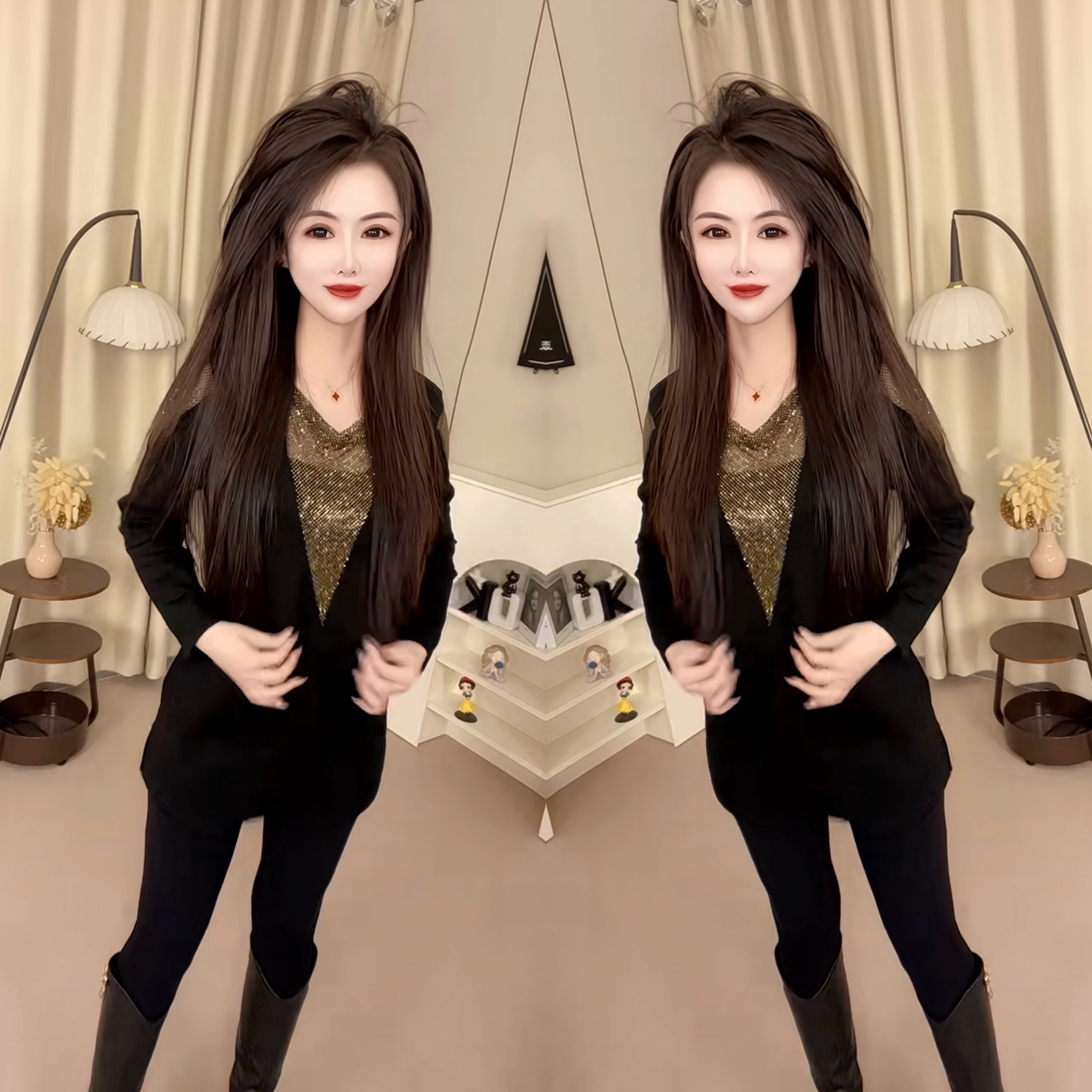 气质V领两闪闪中长款上衣裙