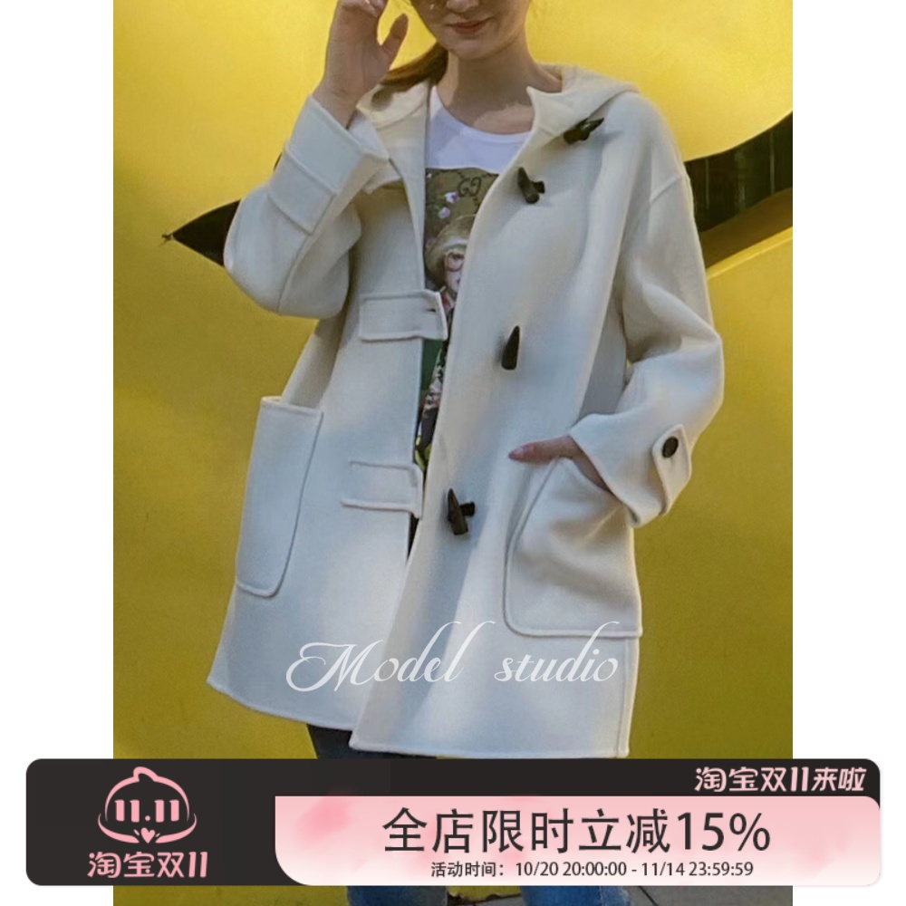 秋冬新款双面羊绒毛呢大衣 宽松休闲连帽 牛角扣中长款纯色外套女