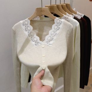 法式拼接蕾丝木耳边针织衫女2025春秋内搭长袖V领上衣修身打底衫