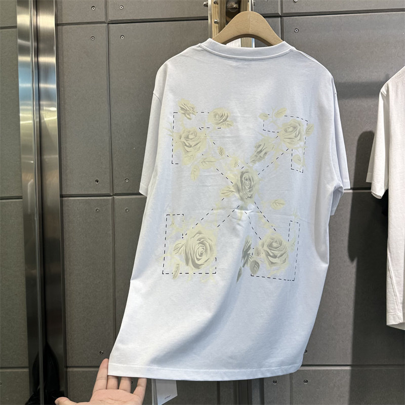 25夏季新品 OFF后背白色玫瑰花箭头印花短袖 OW圆领轻薄透气T恤衫