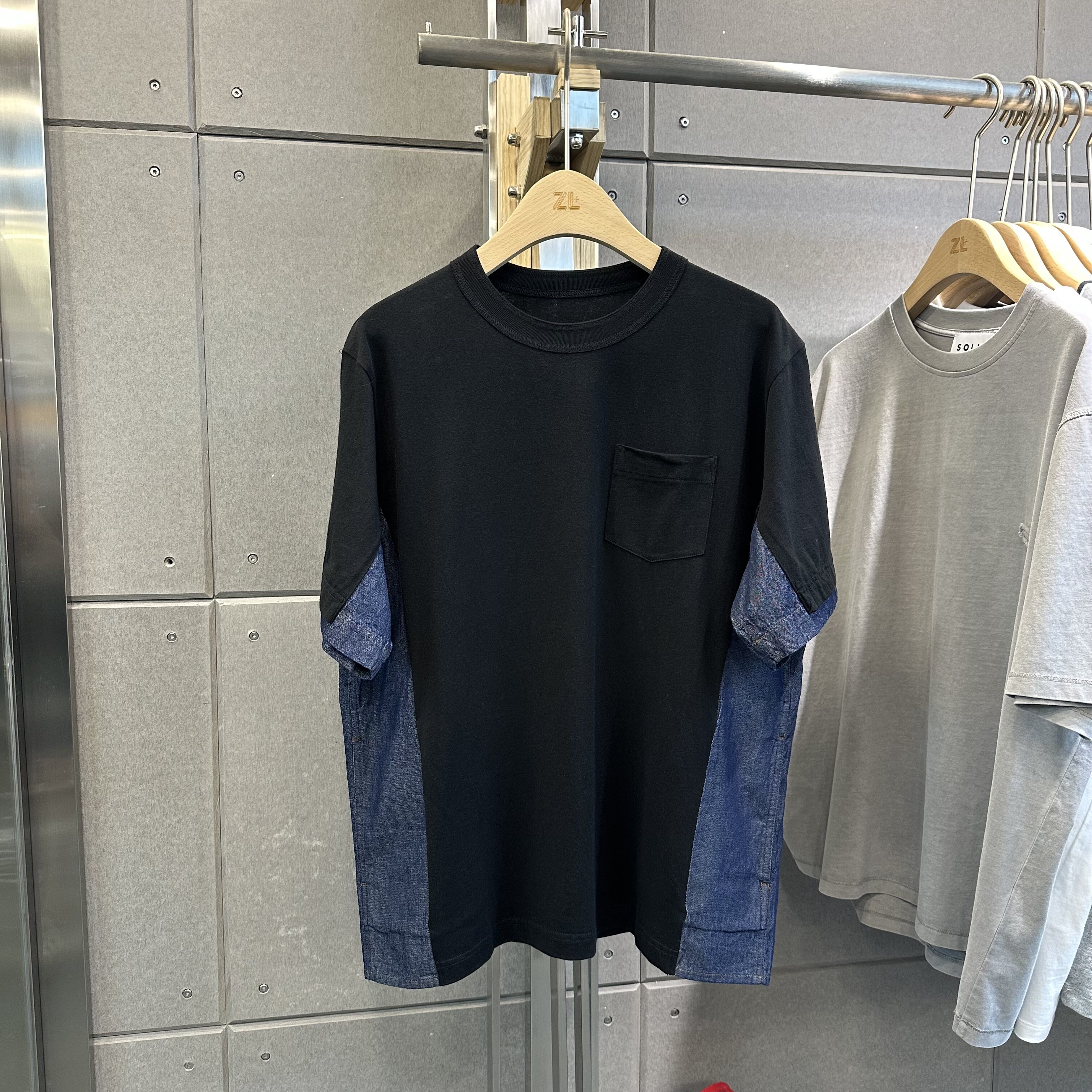 夏季新品 两侧裁剪拼接牛仔布口袋短袖 潮流圆领棉麻宽松T恤衫