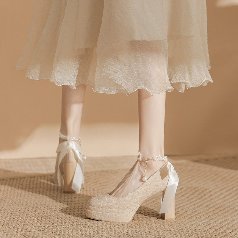 防水台法式玛丽珍鞋芭比圆头新娘鞋婚鞋一字带粗跟高跟鞋女不累脚