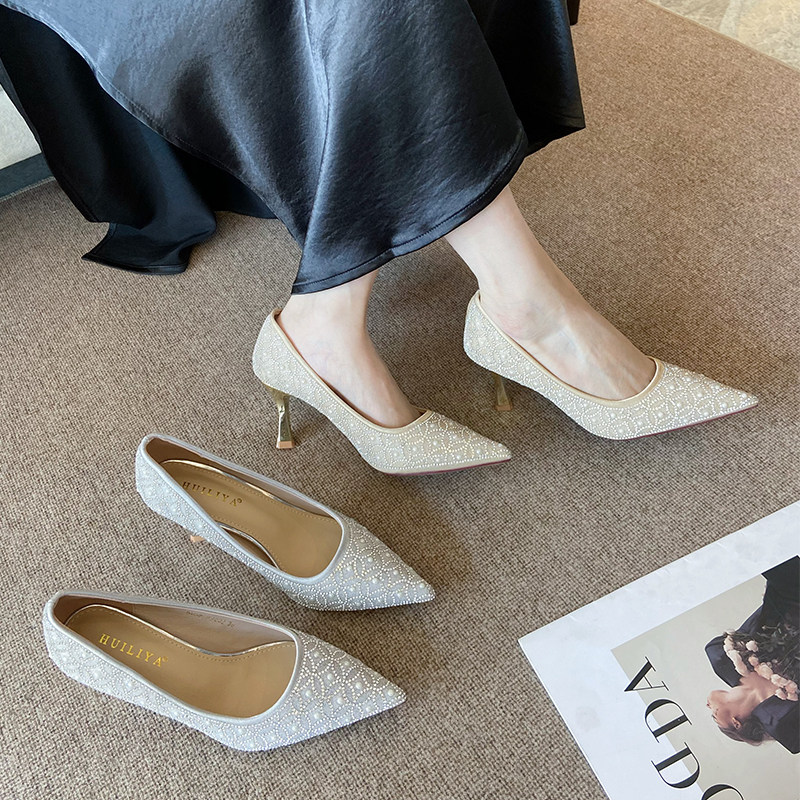 羊皮版~水钻法式绝美配婚纱婚鞋高跟鞋女2026新款尖头细跟单鞋女