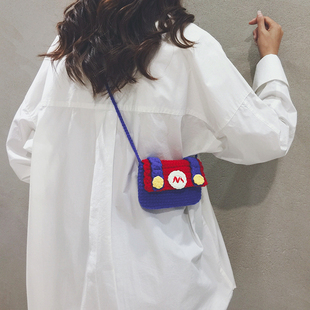 马里奥毛线针织迷你包包女2025新款少女儿童可爱卡通手机斜挎小包