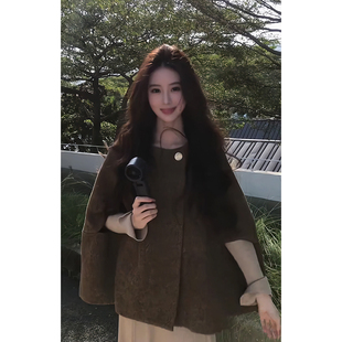 秋冬现货！两件套气质赫本风呢子斗篷披肩外套长袖针织连衣裙长裙