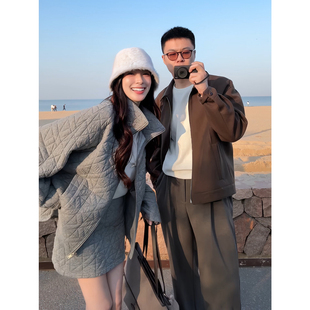 秋冬套装！针织不规则格形绗棉衣女秋冬高领廓形外套/A字半身短裙
