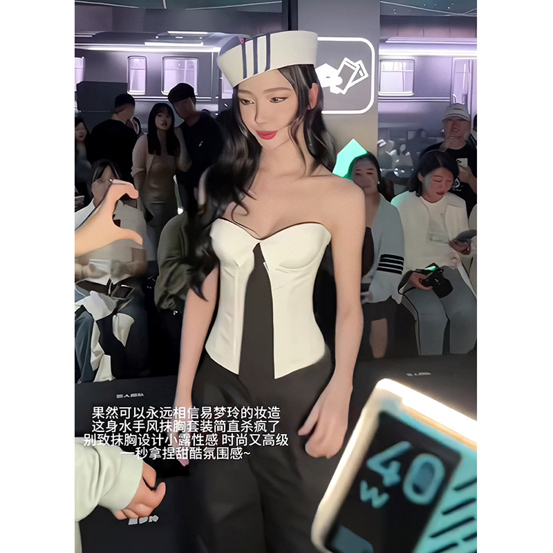 易梦玲同款黑白撞色抹胸上衣辣妹性感修身显瘦短款露脐背心配帽子
