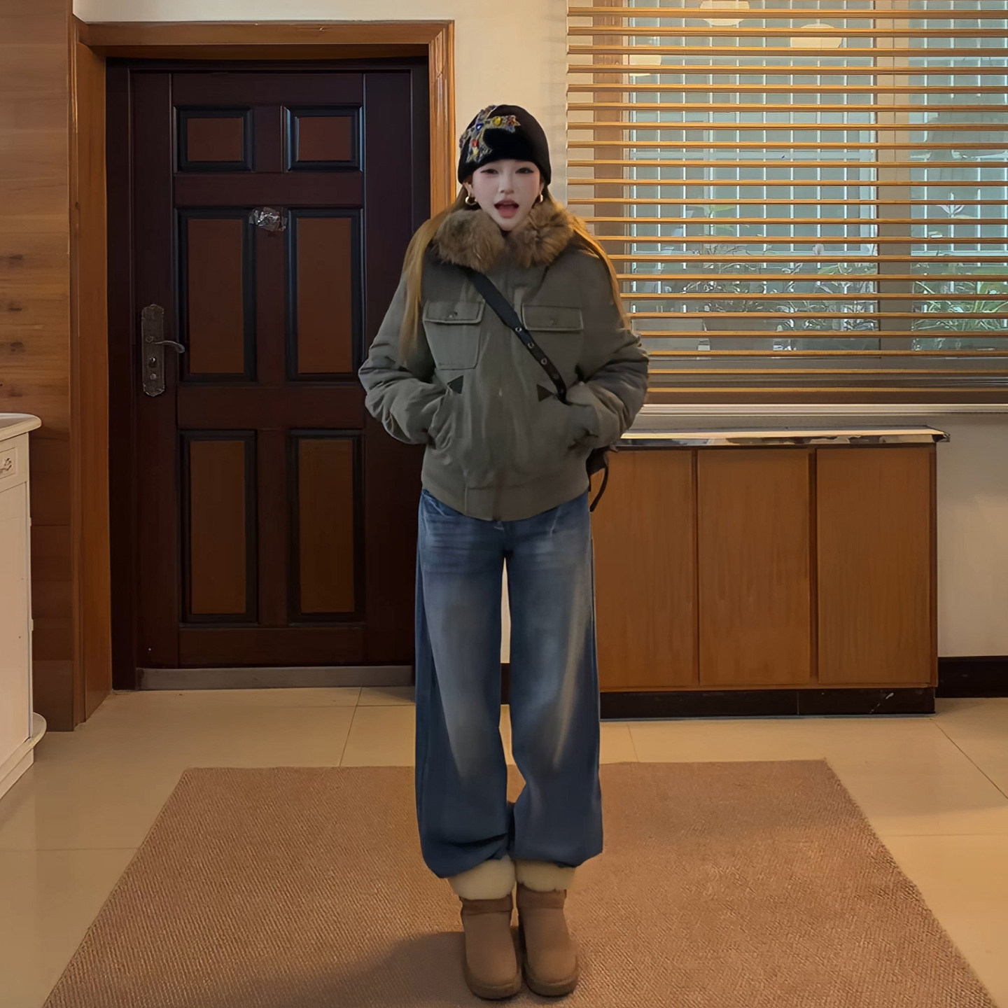 已出货！军绿色大毛领短款派克服女工装风棉服外套复古做旧冬季