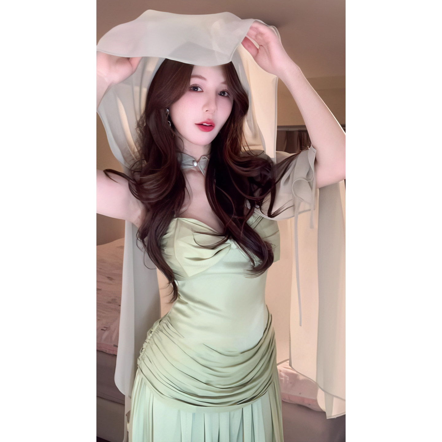 现货一套！性感吊带褶皱连衣裙海边长裙+防晒轻薄头纱夏季超美！