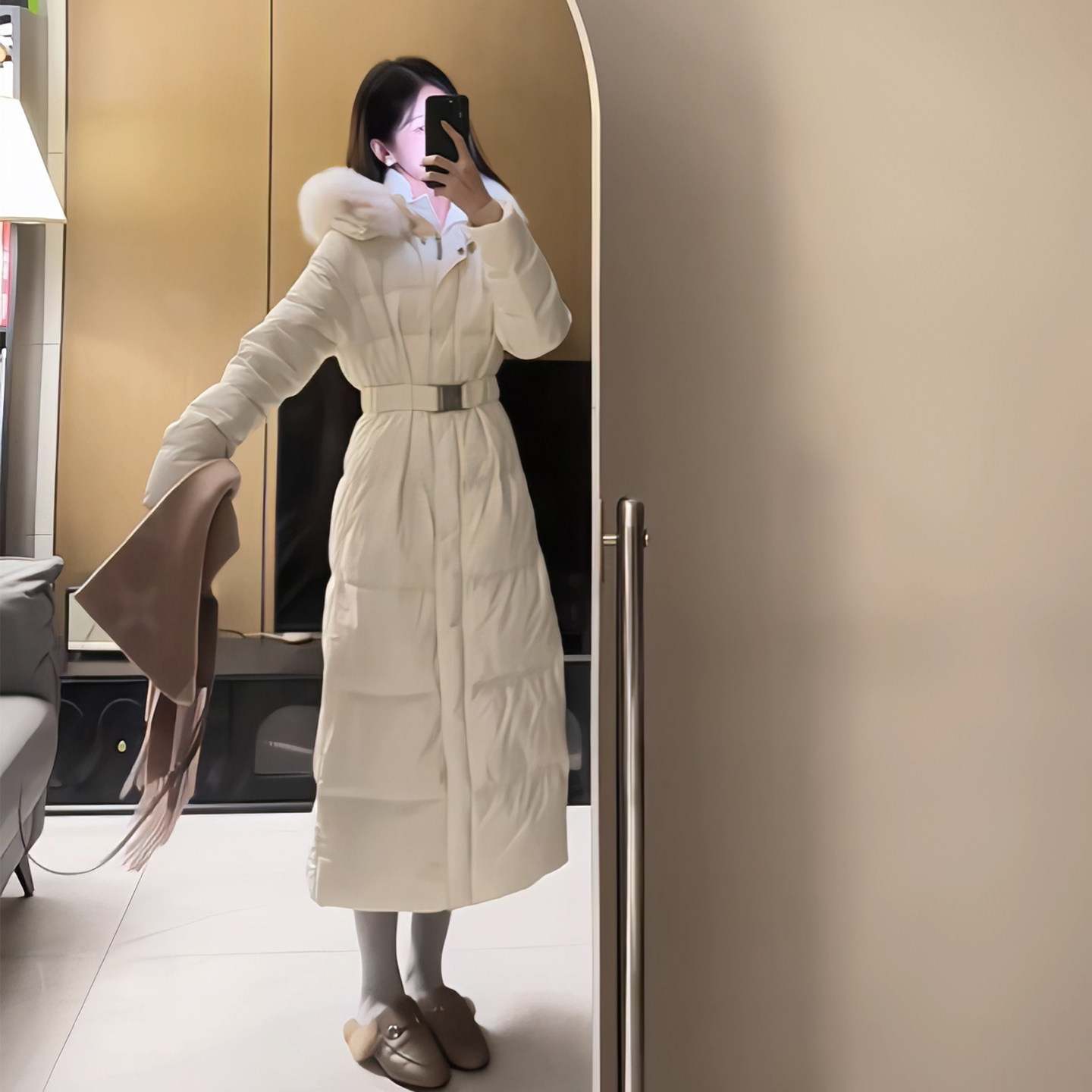 现货狐狸毛领收腰连帽羽绒棉服女冬季保暖长款厚外套女士长袖