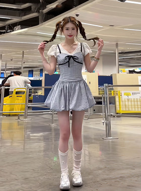蓝调格子甜美小个子连衣裙花苞裙