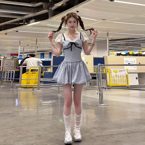 蓝调格子甜美小个子连衣裙花苞裙