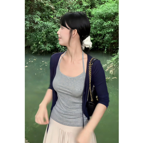 系带七分袖上衣挂脖吊带背心外套