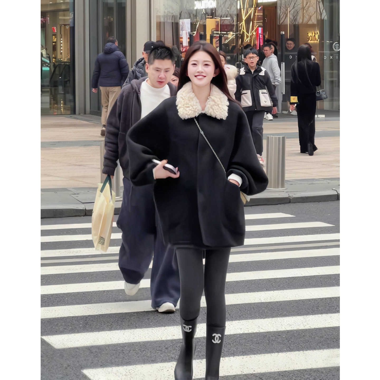 秋冬大衣！韩系黑色毛呢外套女中长款羊羔毛领翻领气质百搭呢子