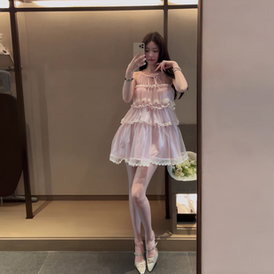 夏季新品！甜美粉色少女芭蕾舞曲娃娃裙吊带蛋糕裙网纱拼接小个子