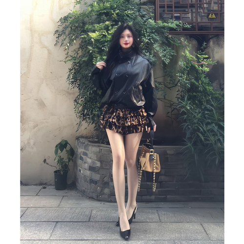 黑色PU机车外套豹纹蛋糕半身裙女