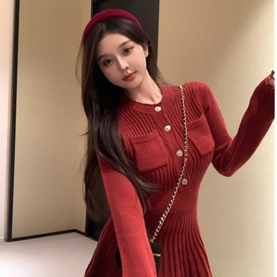 150cm小矮个子辣妹性感修身长袖内搭打底针织连衣裙秋冬百褶裙xxs
