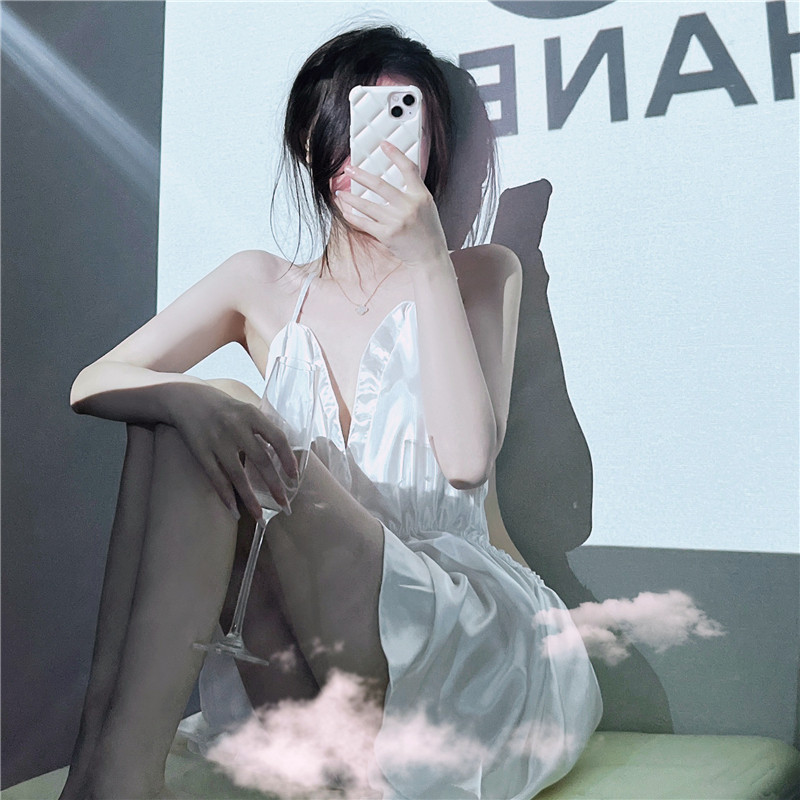 145/150cm矮个子性感缎面睡裙吊带裙系带荷叶边露背睡衣xxs加小码