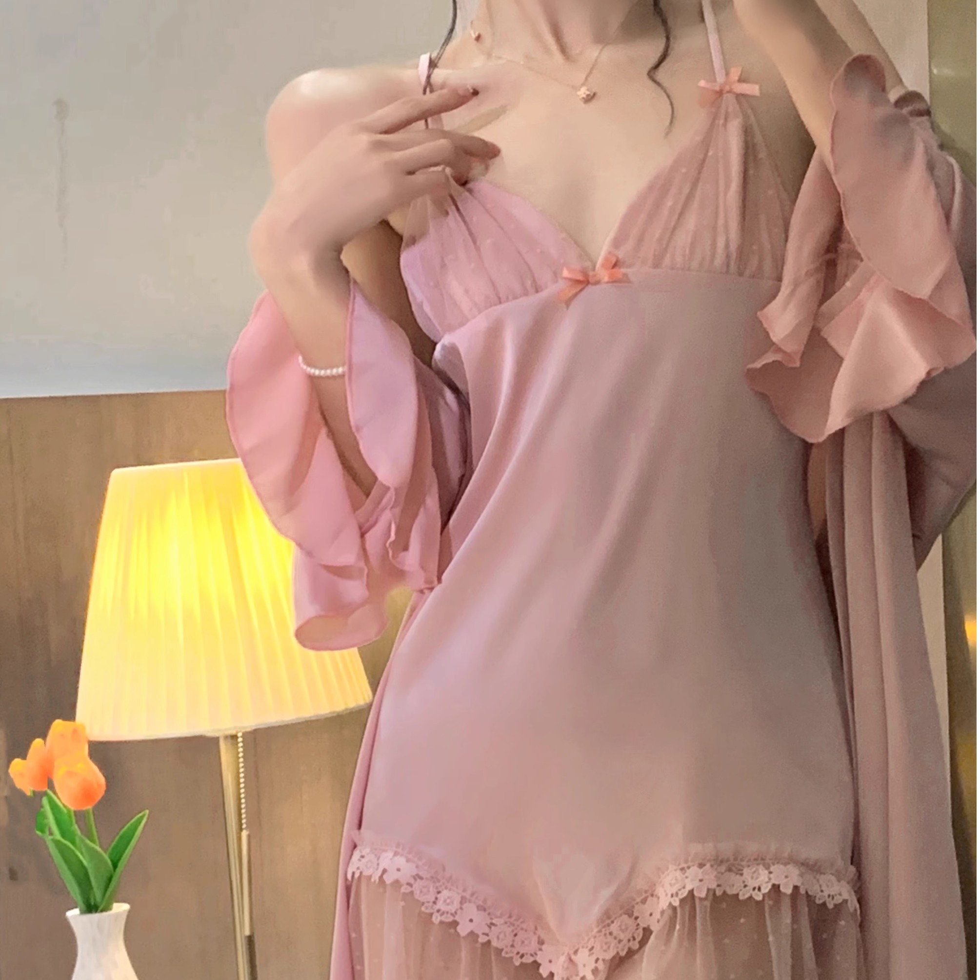 150cm矮小个子浪漫茶歇优雅气质睡裙蕾丝家居睡袍套装145小码xxs