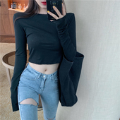 露脐t恤上衣薄秋季 紧身长袖 防晒衫 150矮个子高腰短款 145加小码 xxs