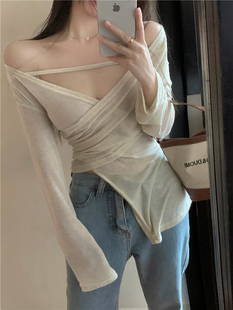 T恤上衣加小码 V领不规则开叉防晒衣长袖 xxs 黑色法式 150矮个子薄款