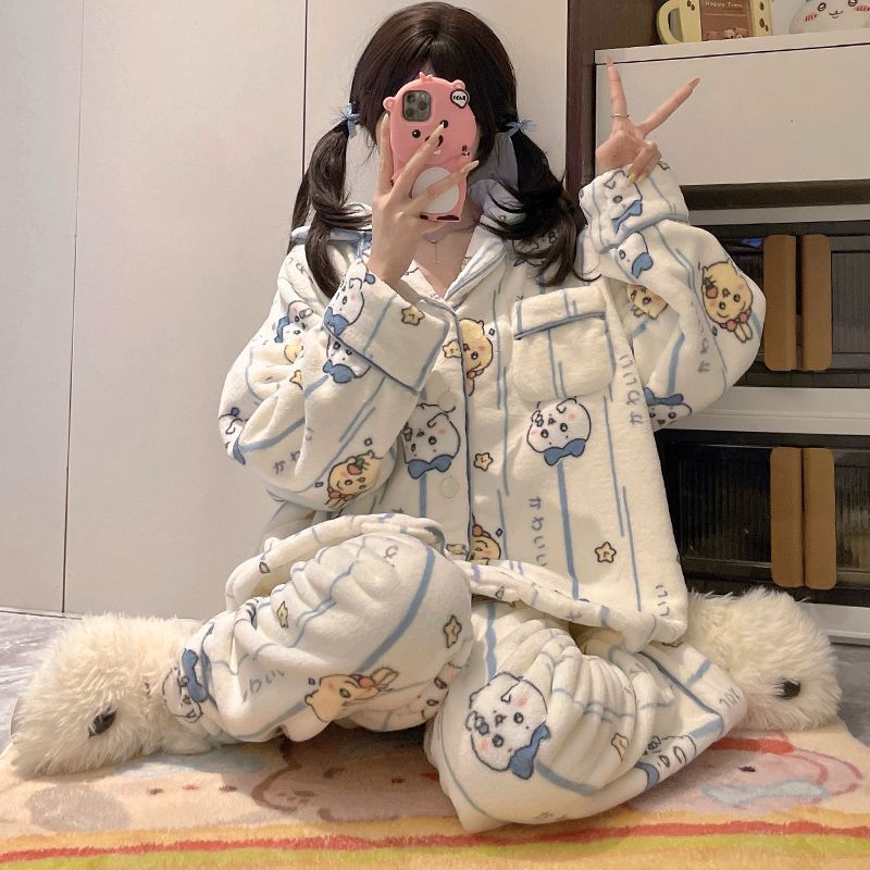 秋冬150cm小个子加绒加厚法兰绒睡衣可爱卡通珊瑚绒家居服套装xxs