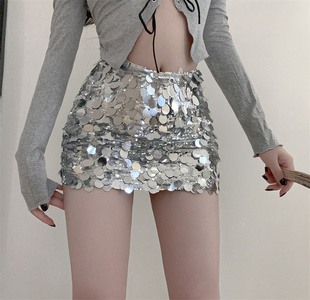 150矮个子辣妹短裙女装xs小众高腰包臀a字亮片半身裙子145小码xxs