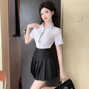 150cm矮个子职业正装白色短袖衬衫修身工作服百褶裙子套装小码xxs