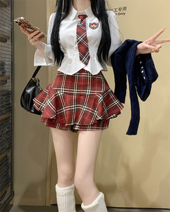 150矮个子甜辣风套装学院jk短裙子长袖衬衣格子半身裙145小码xxs