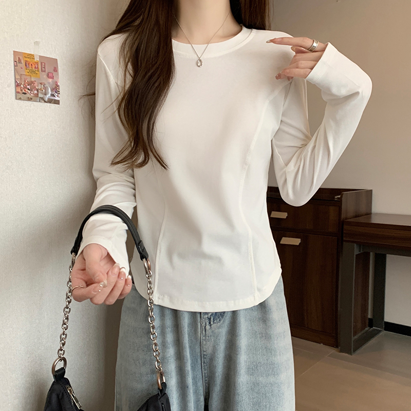 150小个子圆领正肩长袖打底衫设计感修身辣妹鱼骨t恤上衣xxs小码