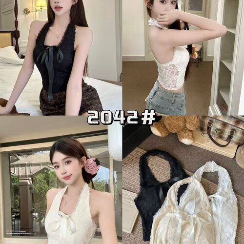 150小个子蝴蝶结v领蕾丝吊带背心甜辣妹性感挂脖抹胸绝美上衣xxs