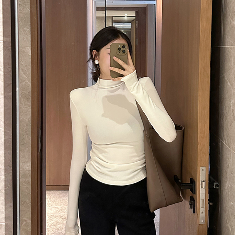 150小个子小半高领磨毛绒修身打底衫秋冬设计感内搭上衣T恤衫xs码