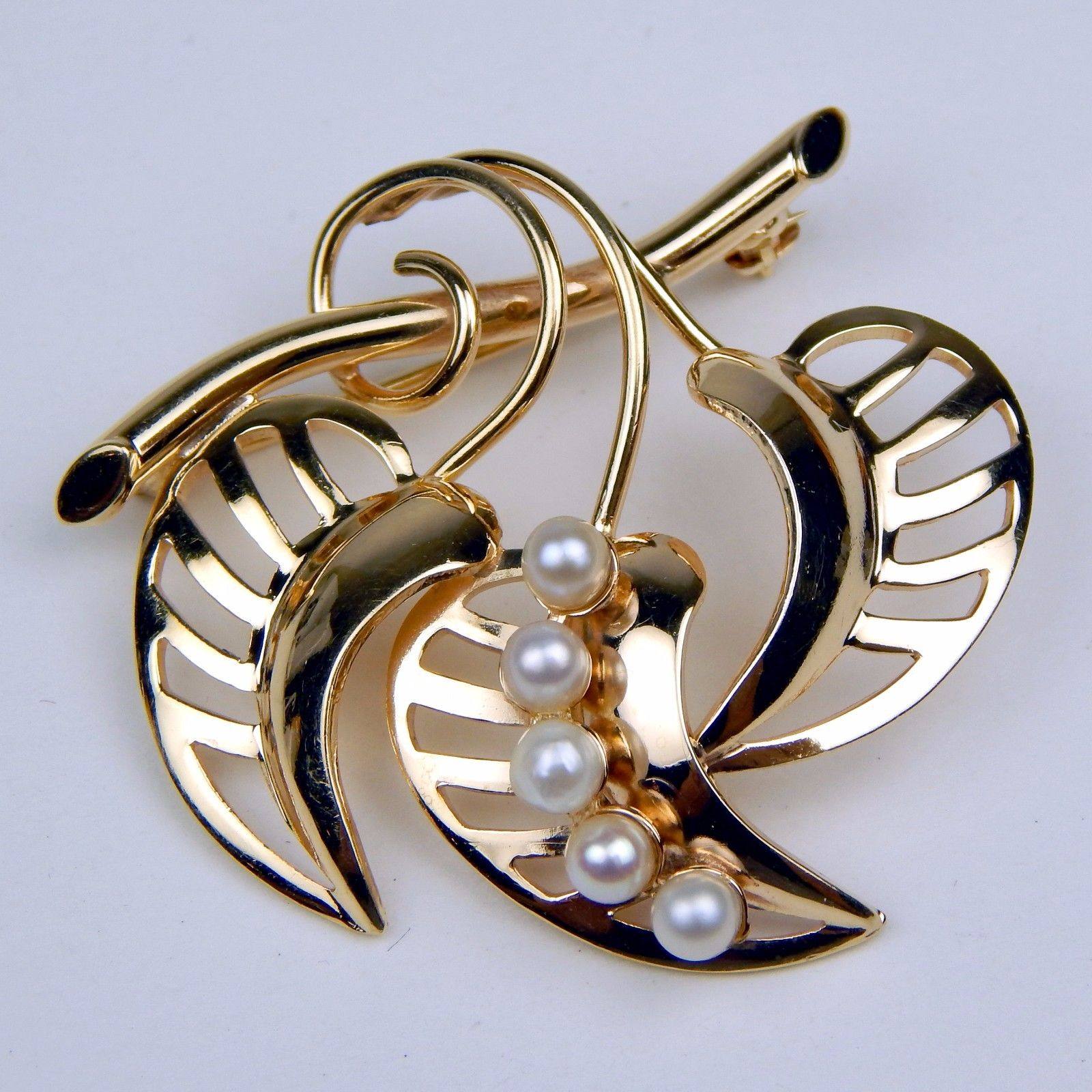 代购古董cressarrow花卉图案养殖珍珠胸针别针14kt黄金4421 sku女