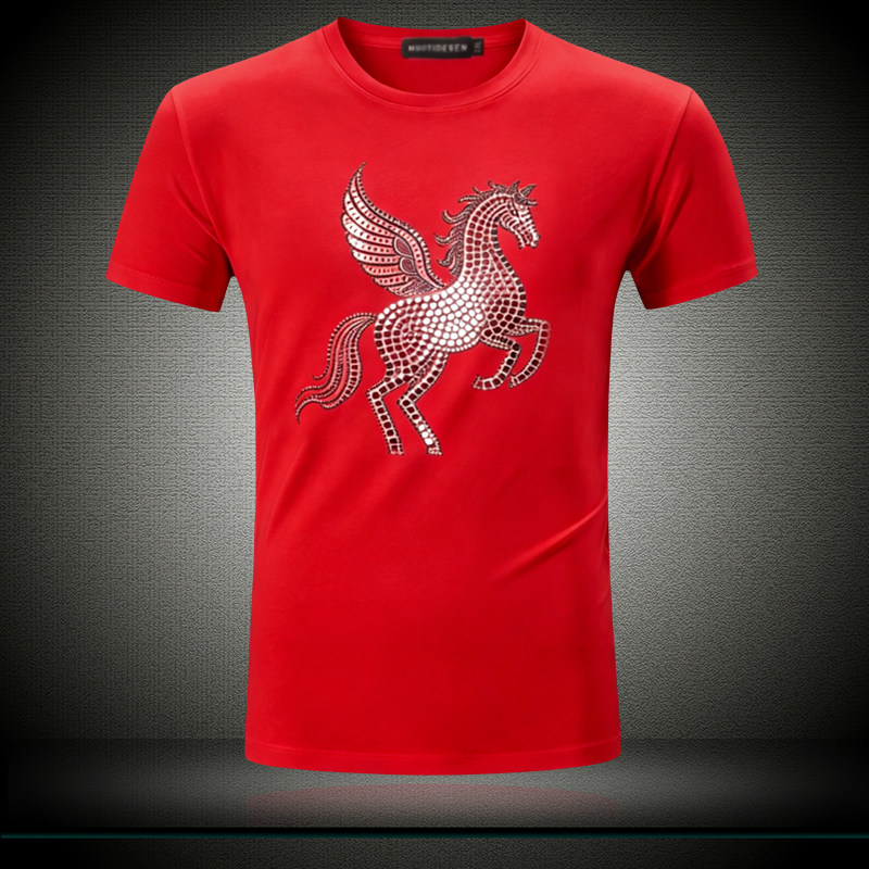欧洲站红色马短袖T恤休闲本命年男潮流时尚高级感圆领半袖上衣服
