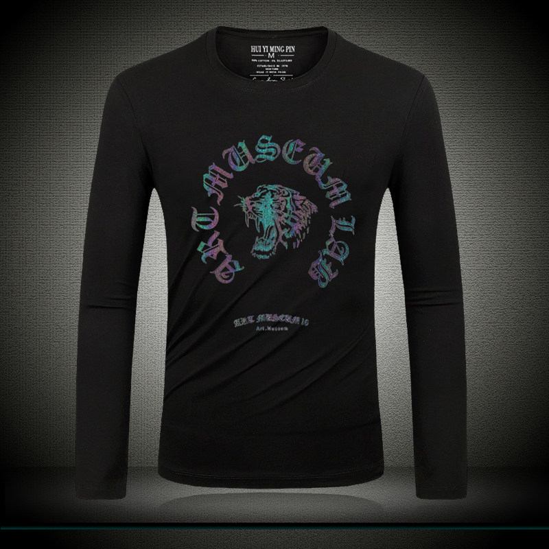 美式高街男款t恤 潮牌印花图案圆领修身青少年老虎头男士长袖体恤