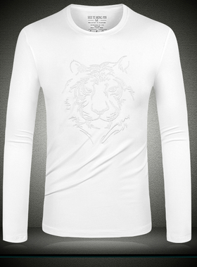 欧洲站 刺绣老虎头t恤男装长袖上衣春秋季潮牌内搭白色体恤打底衫
